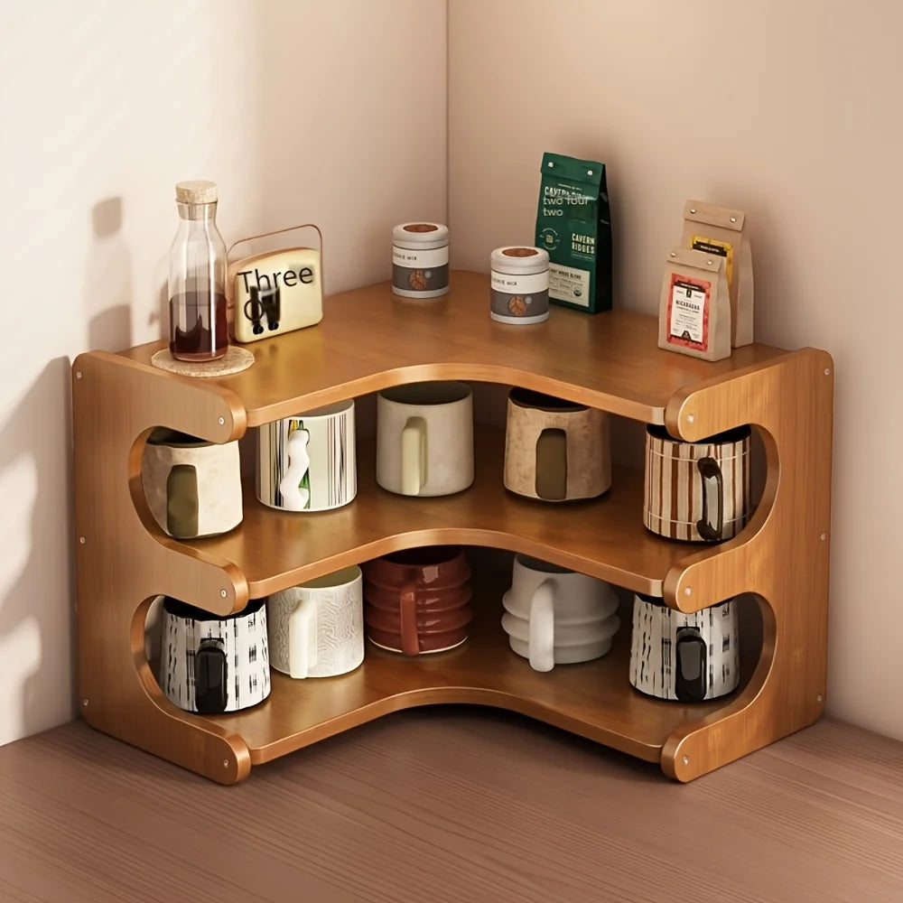 Three Tier Bamboo Corner Desk Shelf Natural Wood Organizer