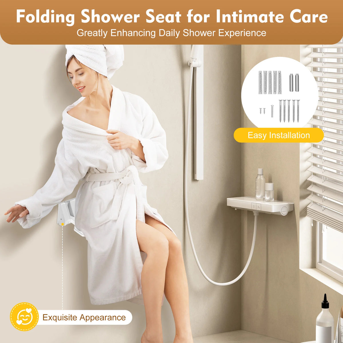 Aluminum Alloy Folding Shower Seat Wall-Mounted Waterproof Bath Bench