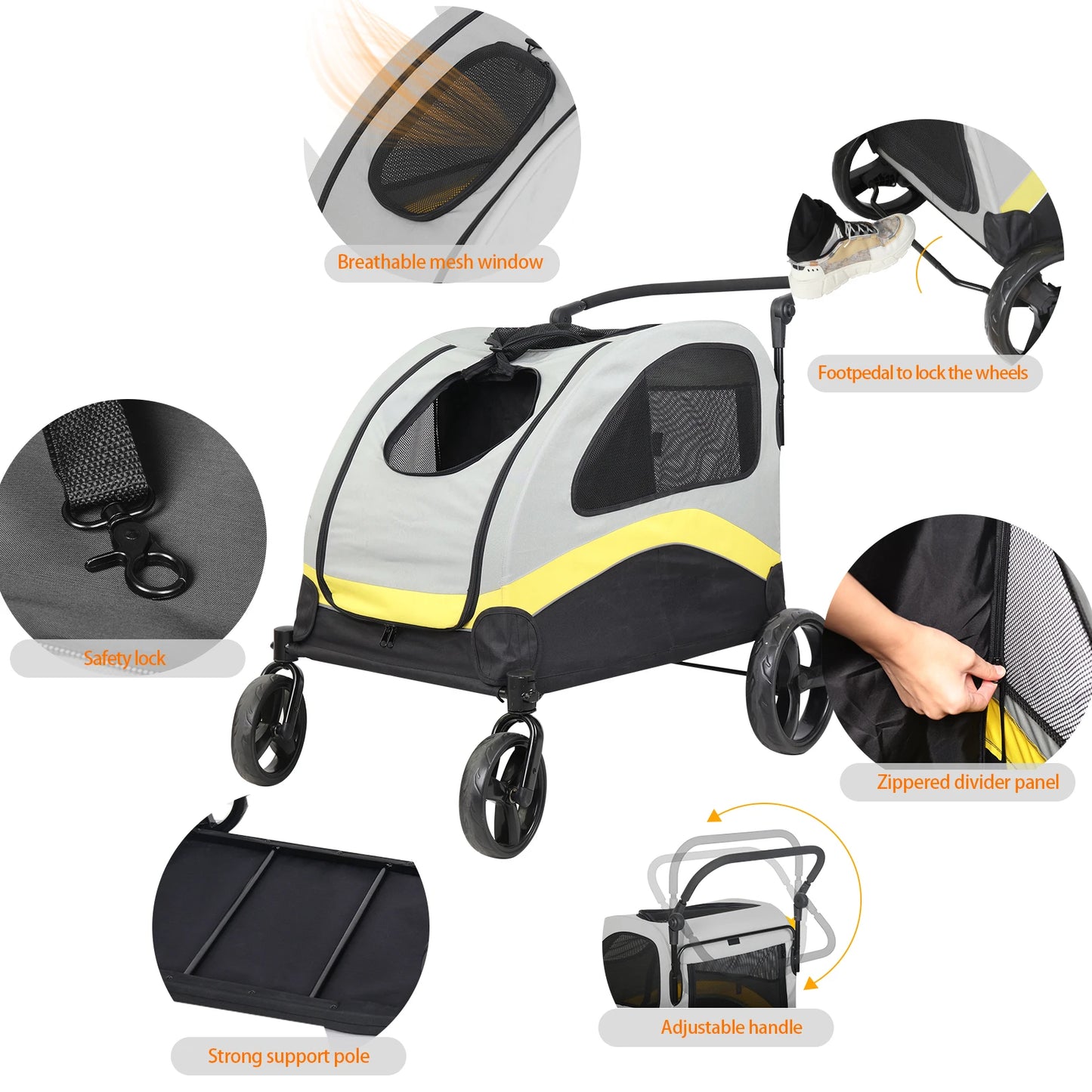 Dog Stroller For Dogs Foldable Pet Carrier With Zipper Divider