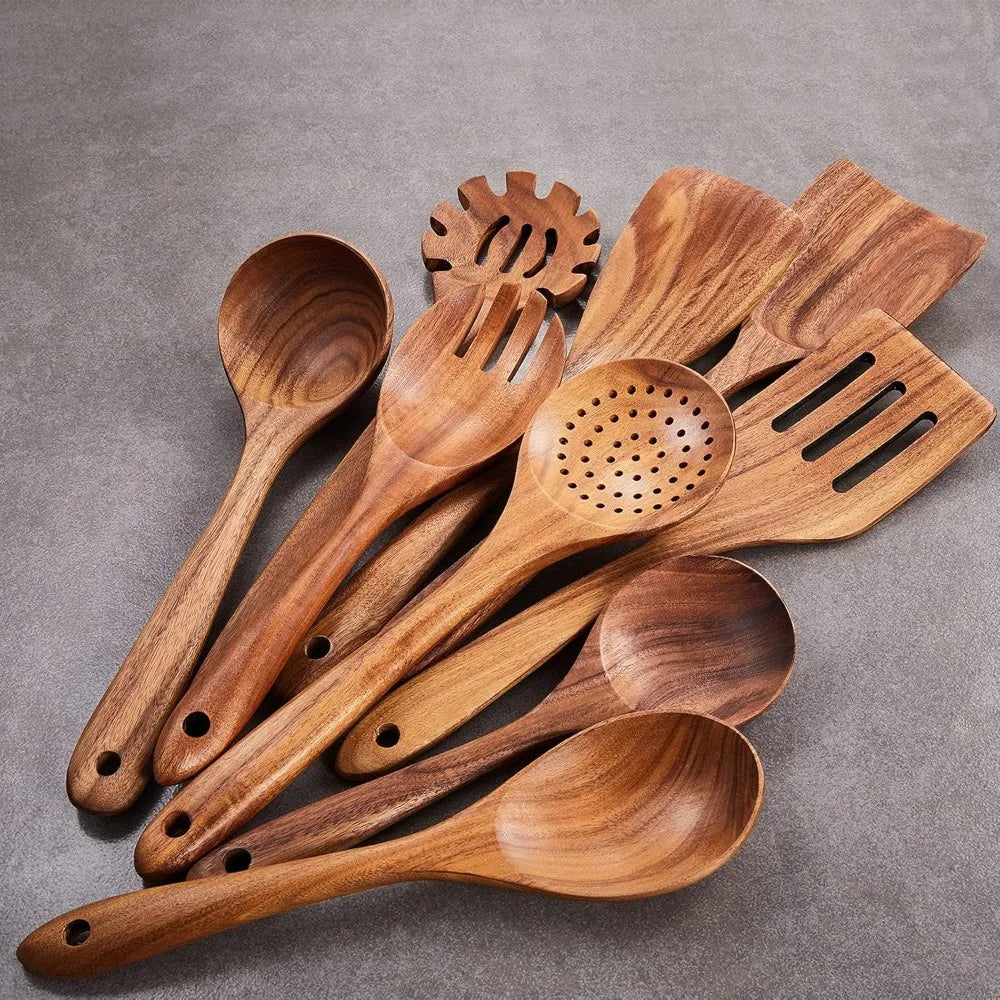 Natural Teak Wood 9-Piece Utensil Set For Nonstick Cookware