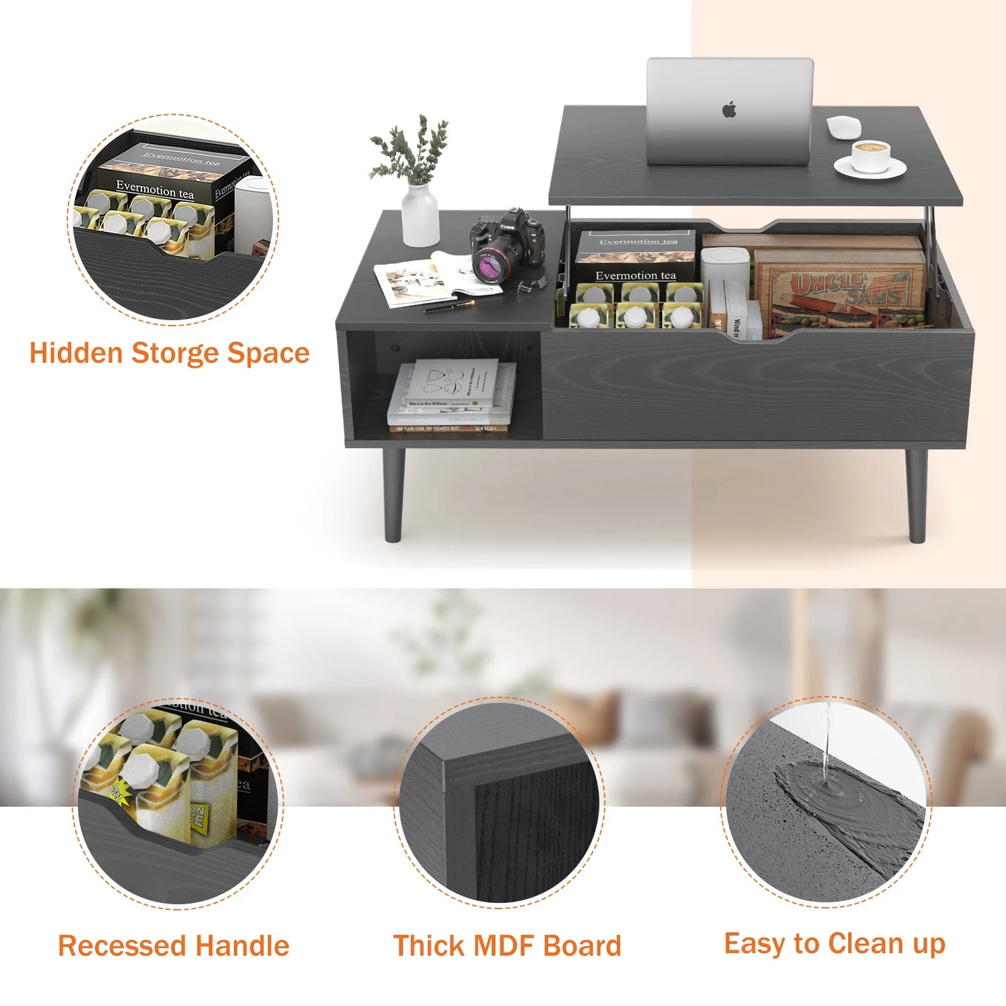 JHK Lift Top Coffee Table With Storage Shelf And Adjustable