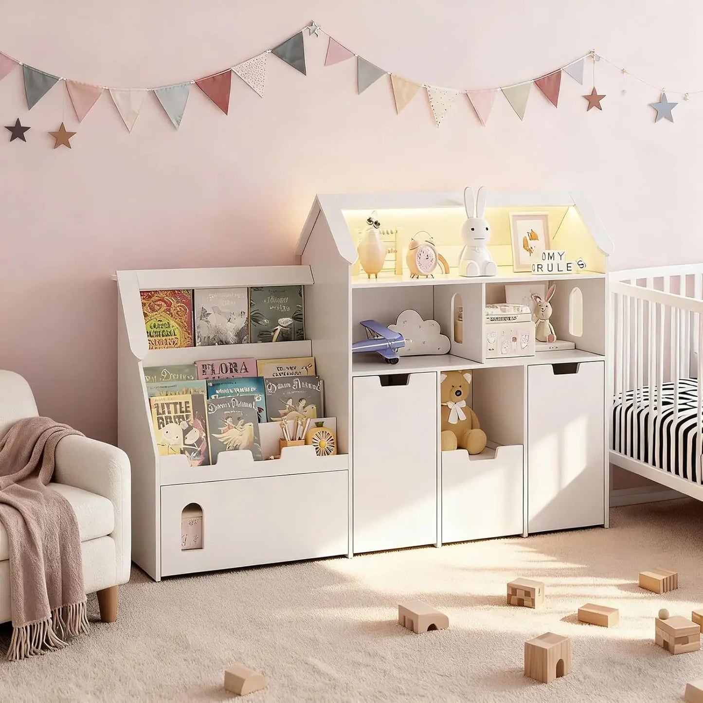 White Castle Shaped Kids Bookshelf With Removable Drawers And LED