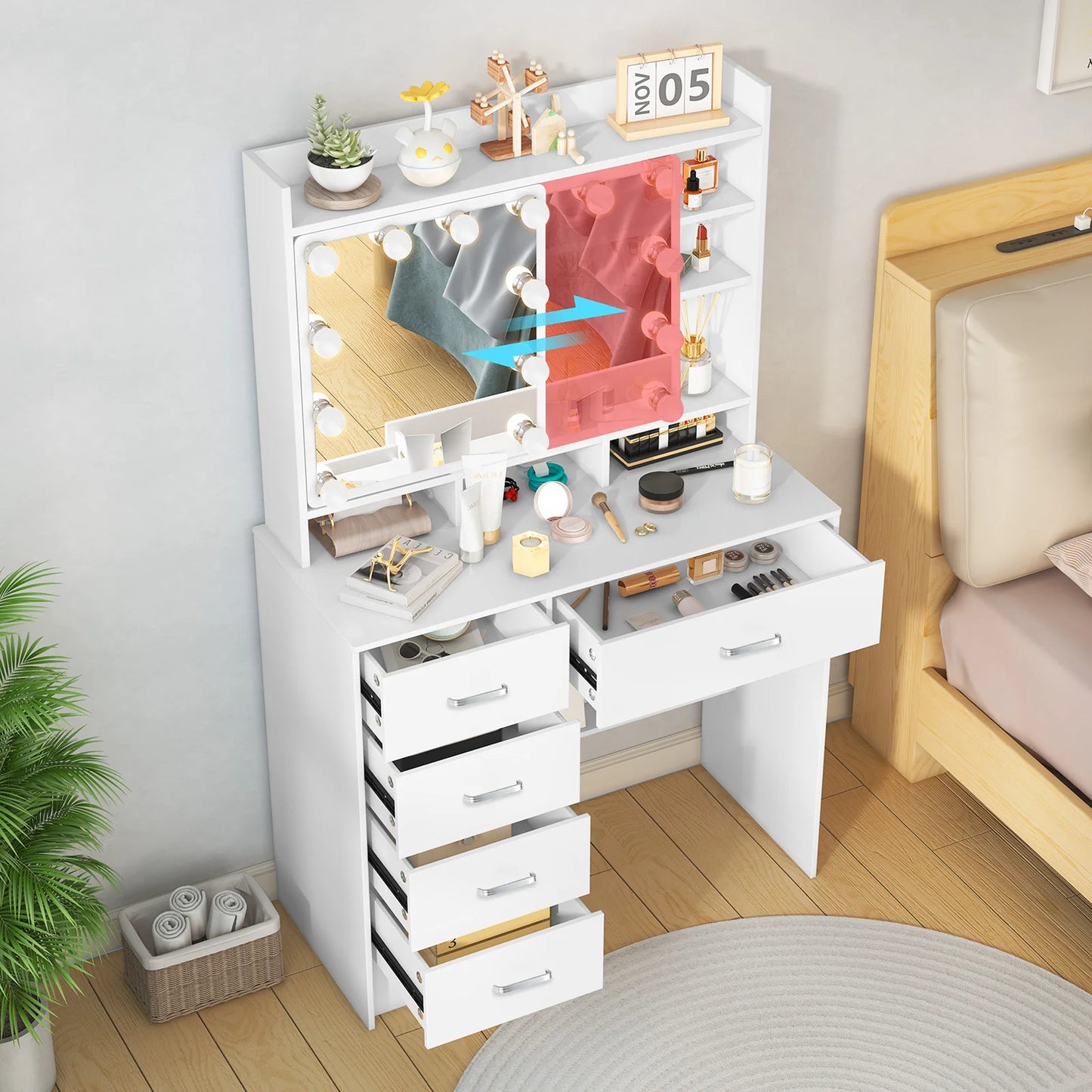 Teousev Vanity Dressing Table With LED Mirror And 5 Drawers