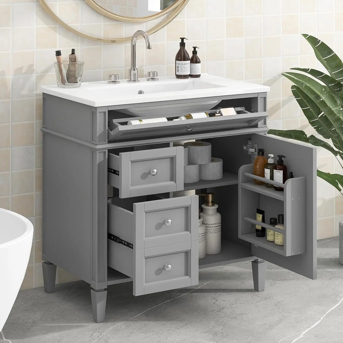 Modern Freestanding Bathroom Vanity With Ceramic Sink And Storage