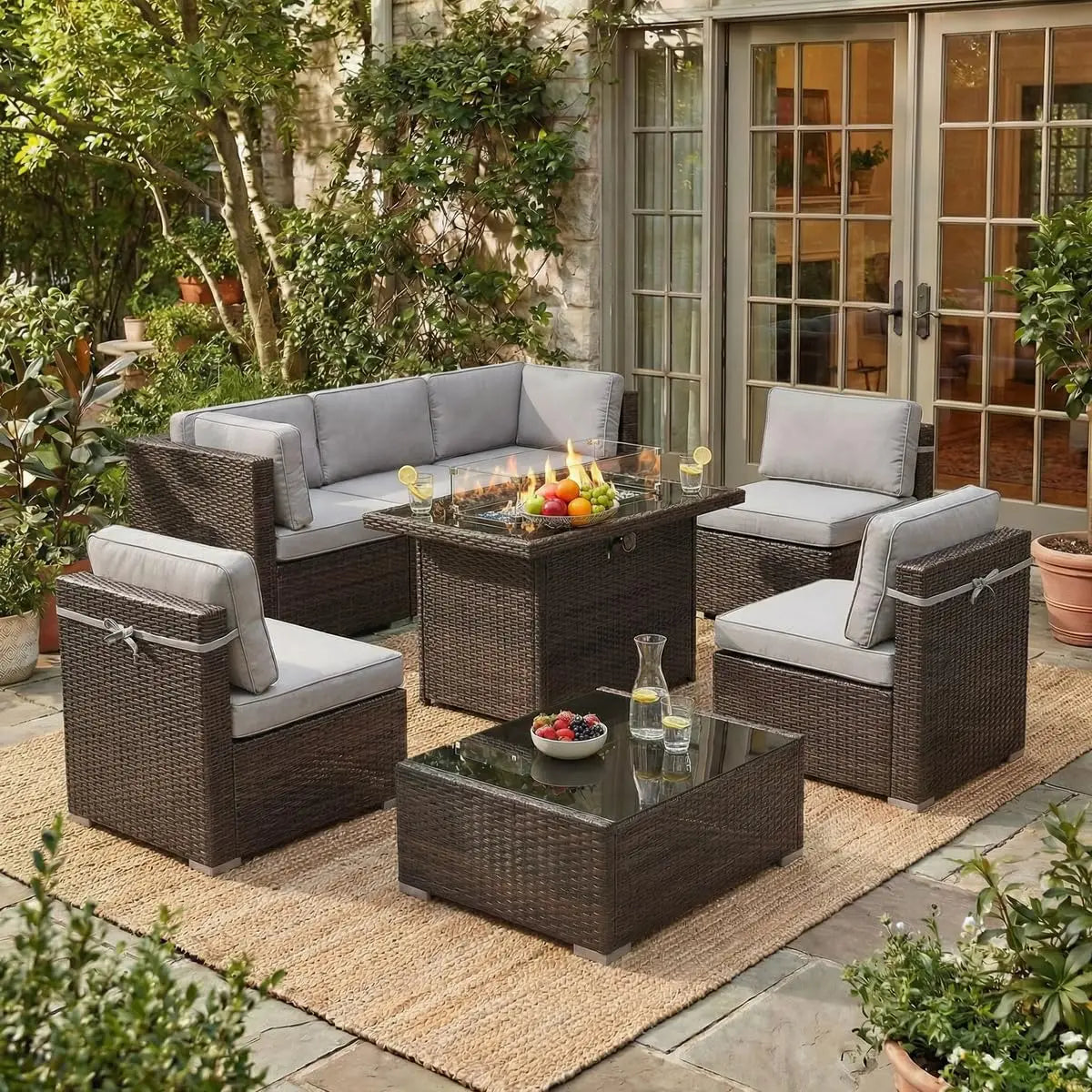 Outdoor Patio Furniture Set With Fire Pit Table In Wicker Rattan