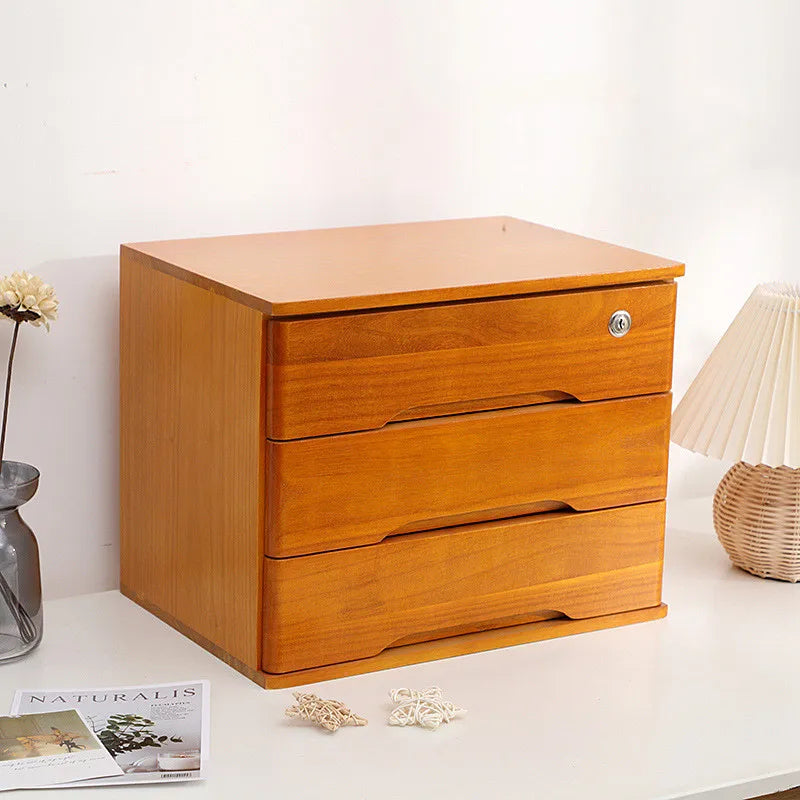 Wooden 1 2 3 Tier Desktop Storage Box Lockable Drawers