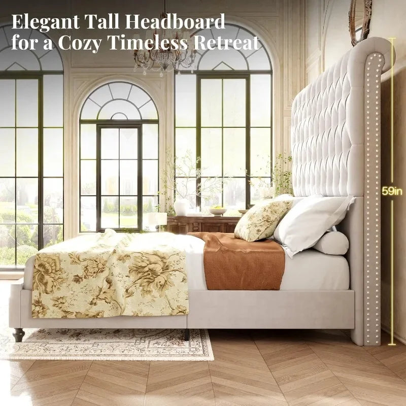Jocisland King Bed Frame With 59 Inch Velvet Tufted Headboard