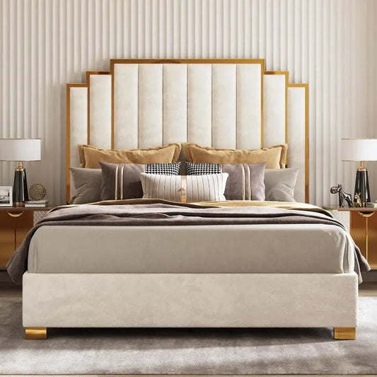 Amerlife Upholstered Bed With Gold Trim Headboard No Box Spring