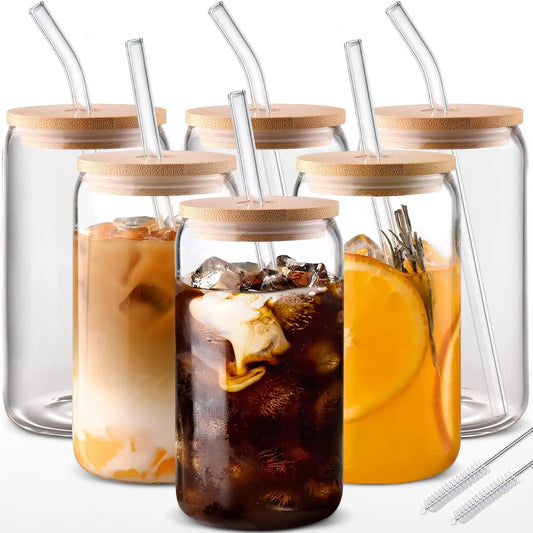 Six Glass Drinking Set Bamboo Lids Glass Straws Premium Quality