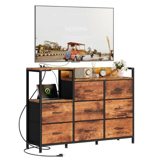 JHK Cabinet With 8 Fabric Drawers TV Stand Charging Station