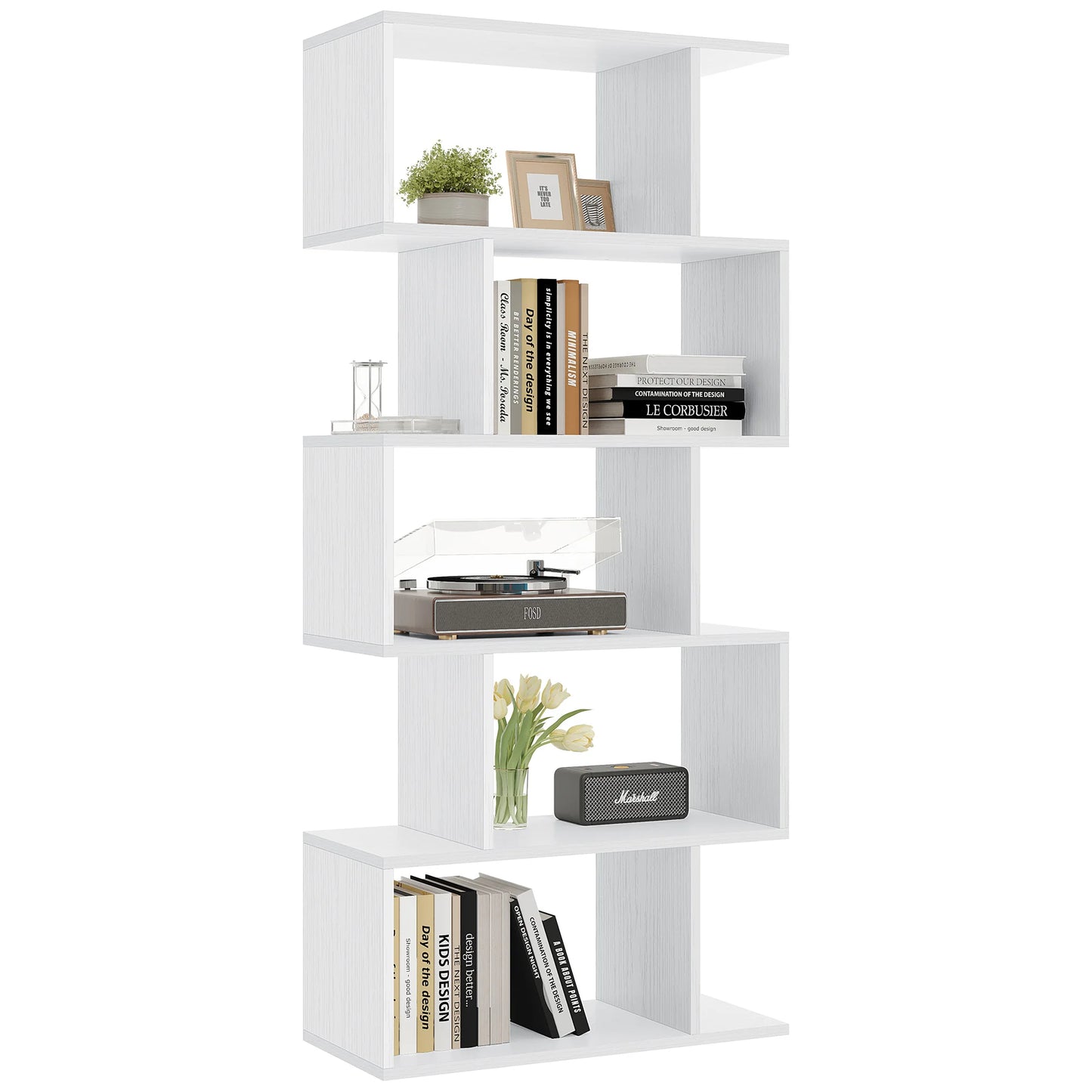JHK Geometric 5 Tier S Shaped Wooden Bookcase Display