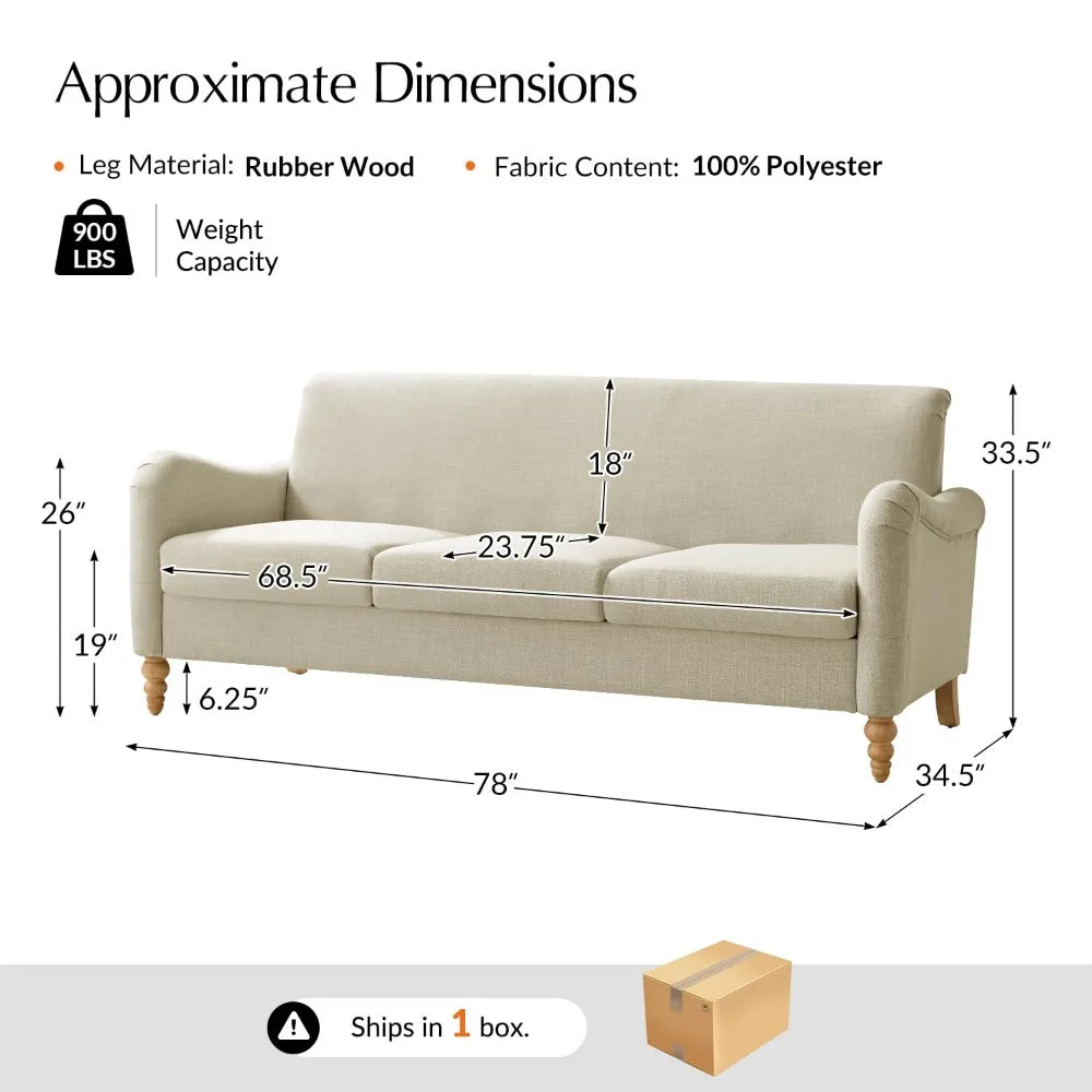 Curved Farmhouse Sofa With Solid Wood Spindle Legs Upholstered Linen