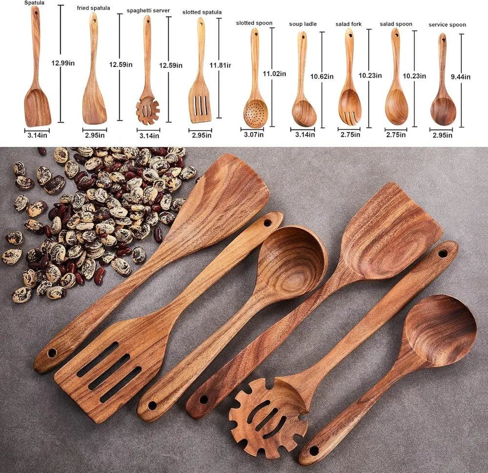 Natural Teak Wood 9-Piece Utensil Set For Nonstick Cookware