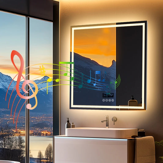 BORWART LED Bathroom Mirror With Bluetooth Clock Anti Fog Backlit Lights