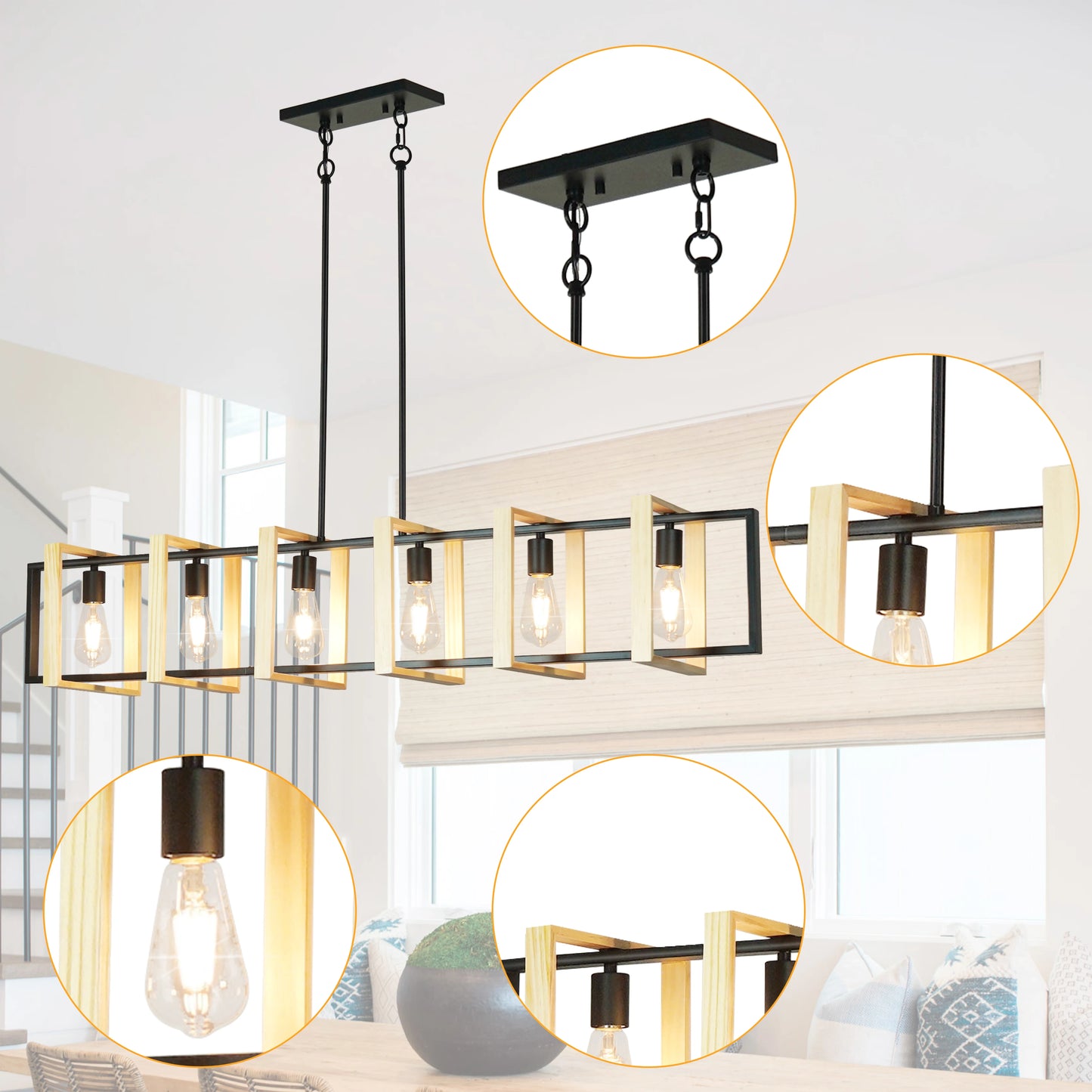 Modern Farmhouse Kitchen Island Pendant Lights With Wood Shades Dimmable