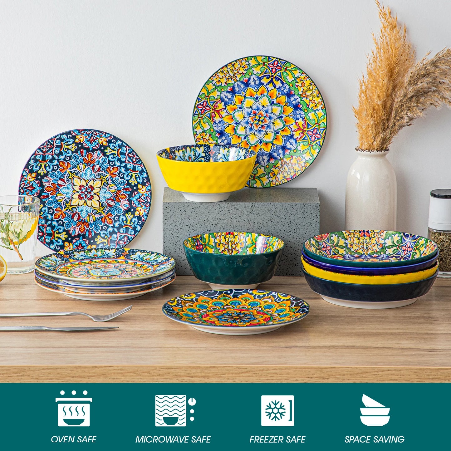 Malacasa Ceramic Dinnerware Set Bohemian Style Stoneware
