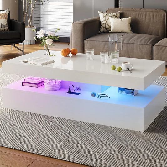 GUANGBAI High Gloss LED Coffee Table With Two Sliding Drawers