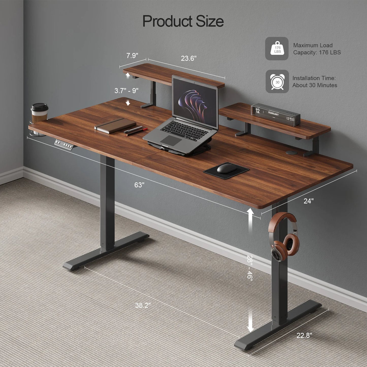 ONBRILL Standing Desk With Adjustable Monitor Shelves And Memory Controller