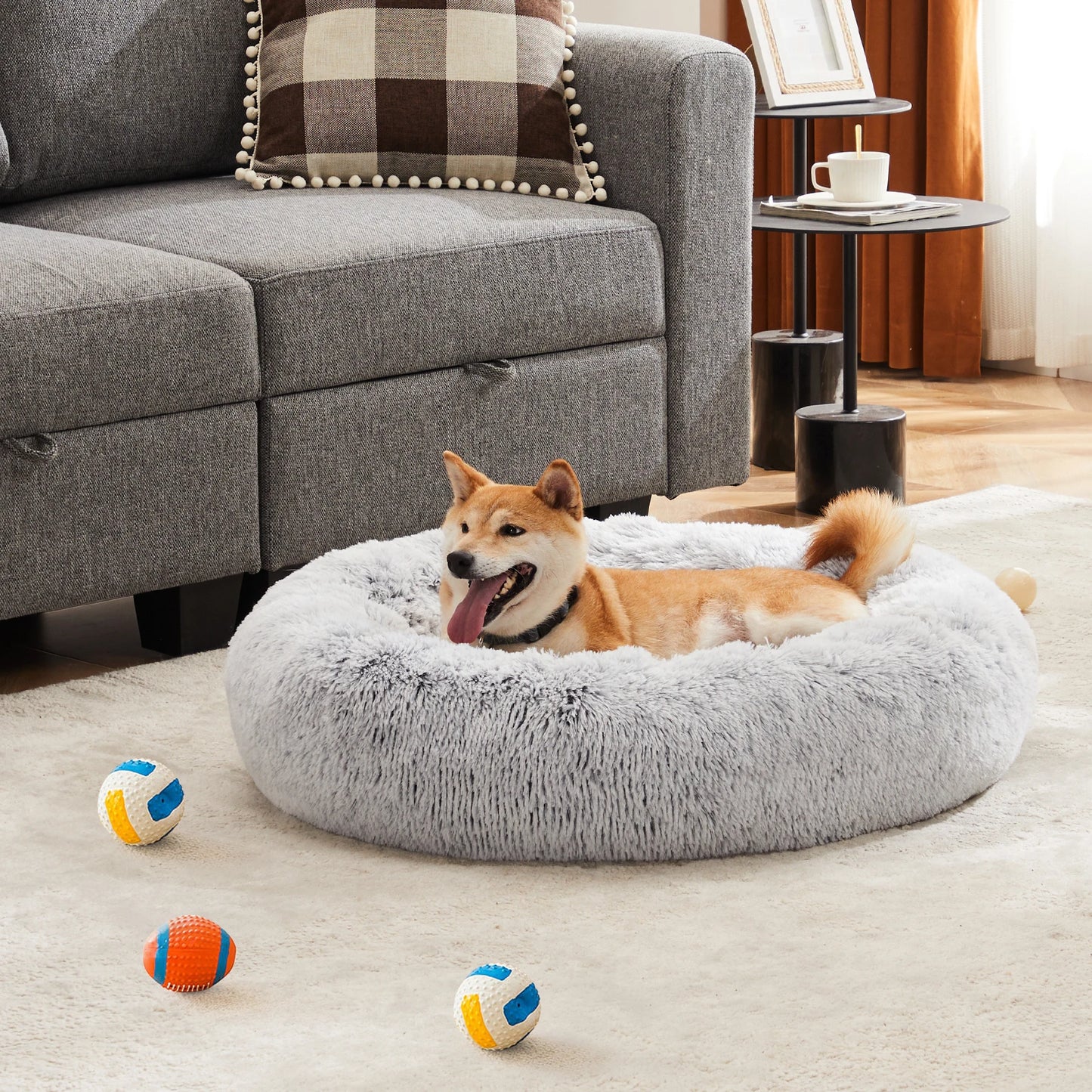 JHK Plush Faux Fur Calming Dog Bed For Home Comfort