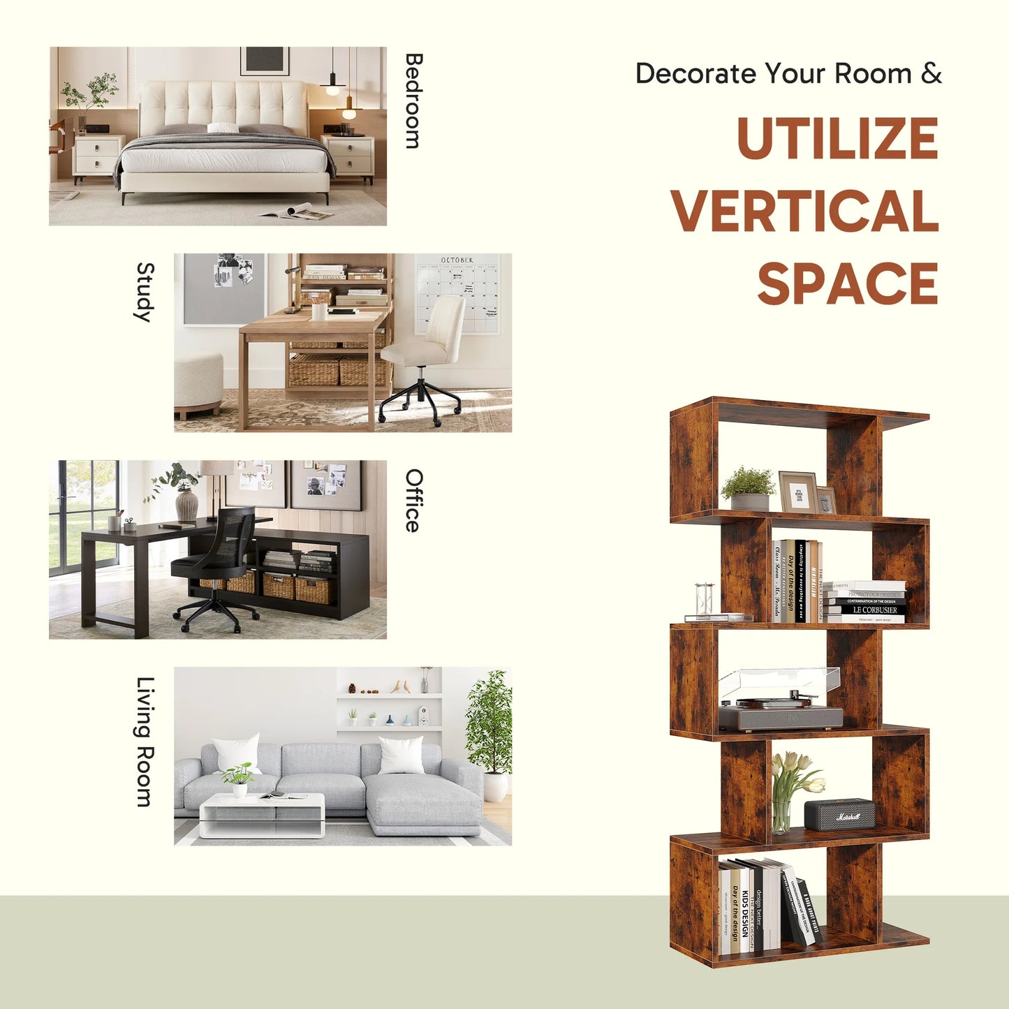 JHK Geometric 5 Tier S Shaped Wooden Bookcase Display