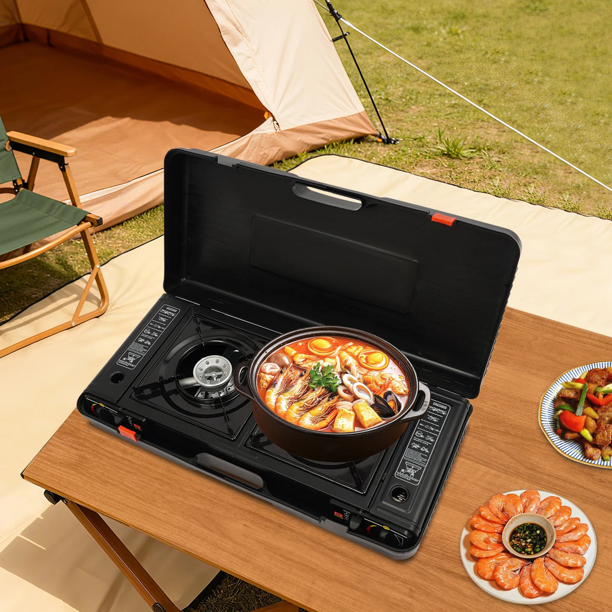Dual Burner Portable Camping Stove With Auto Ignition Travel Case