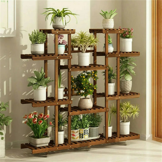 11 Tier Carbonized Wood Plant Stand For Indoor Outdoor Display