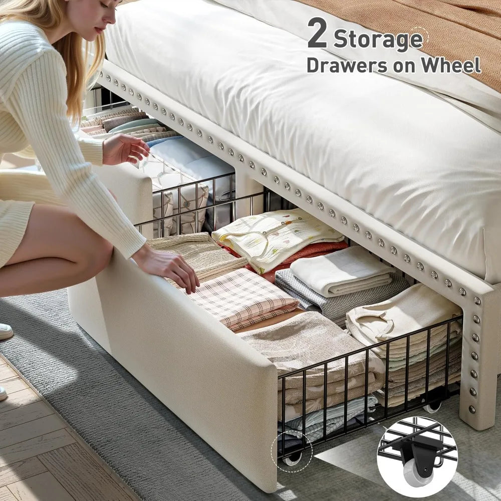 Upholstered Platform Bed With Storage Drawers LED Lights Charging Station