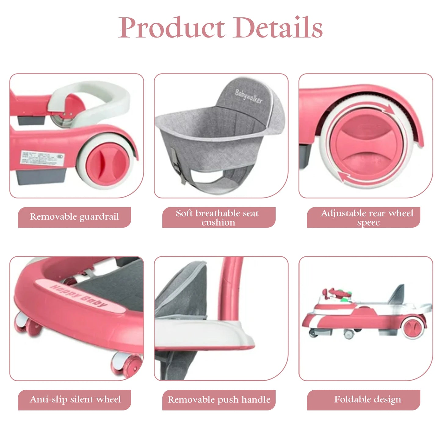 4 In 1 Baby Walker With Sunshade Removable Tray And Music Tray Foldable