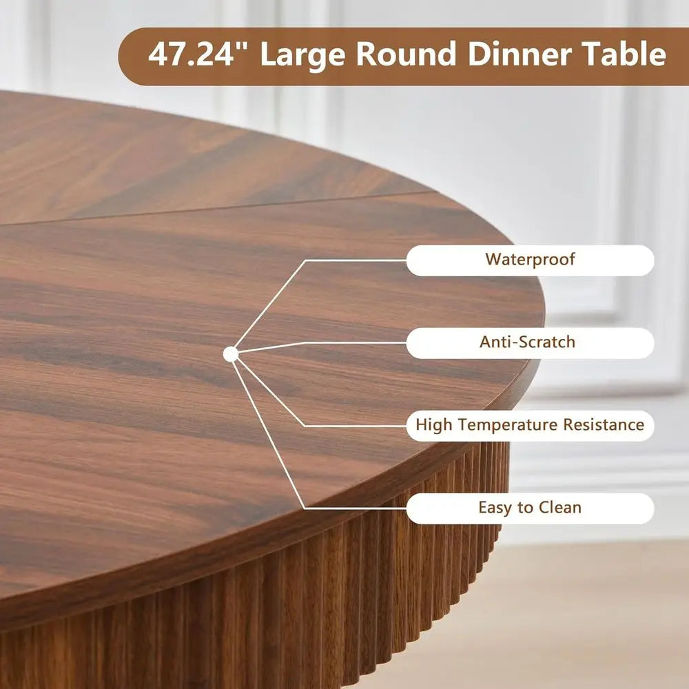 Walnut Round Dining Table With Pedestal Base And Storage Drawers