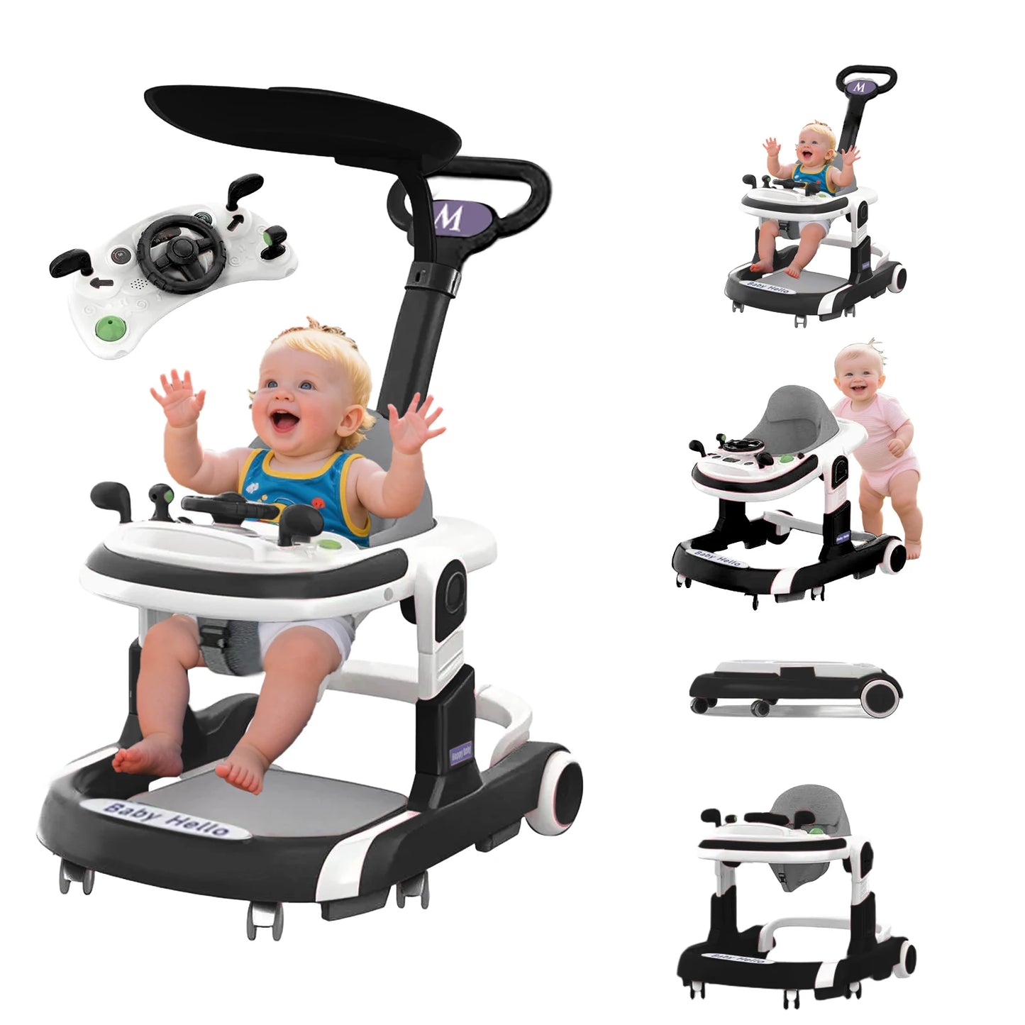 4 In 1 Baby Walker With Sunshade Removable Tray And Music Tray Foldable