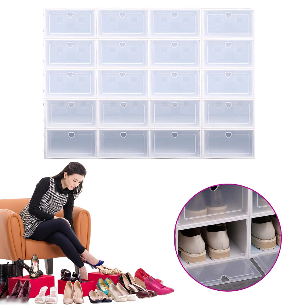 Stackable Clear Plastic Foldable Shoe Storage Boxes Set