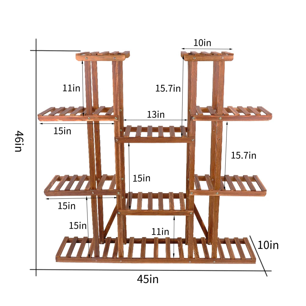 11 Tier Carbonized Wood Plant Stand For Indoor Outdoor Display