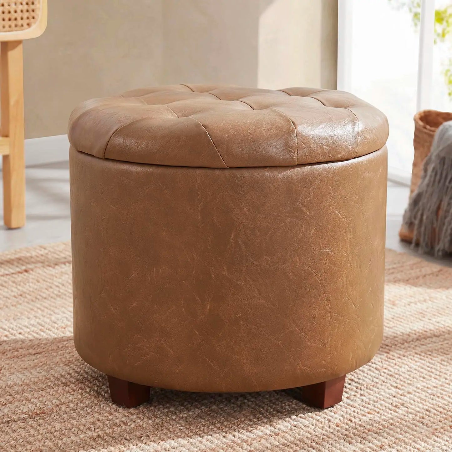 Round Velvet Tufted Storage Ottoman With Lift Off Lid