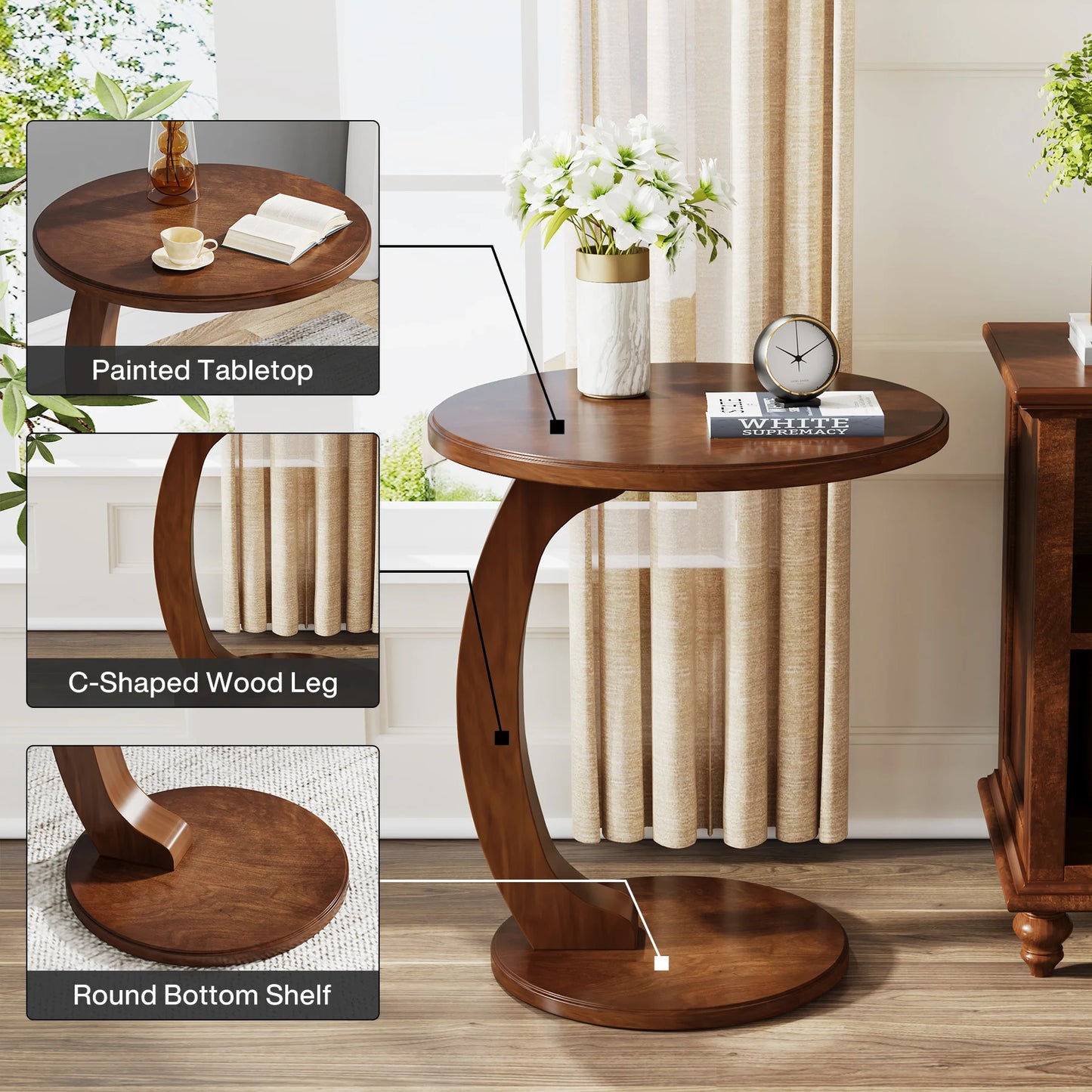 Tribesigns Round Wood C Shaped End Table Mid Century
