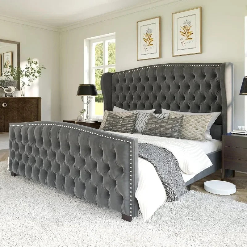 Velvet Upholstered Platform Bed Frame With Wingback Headboard