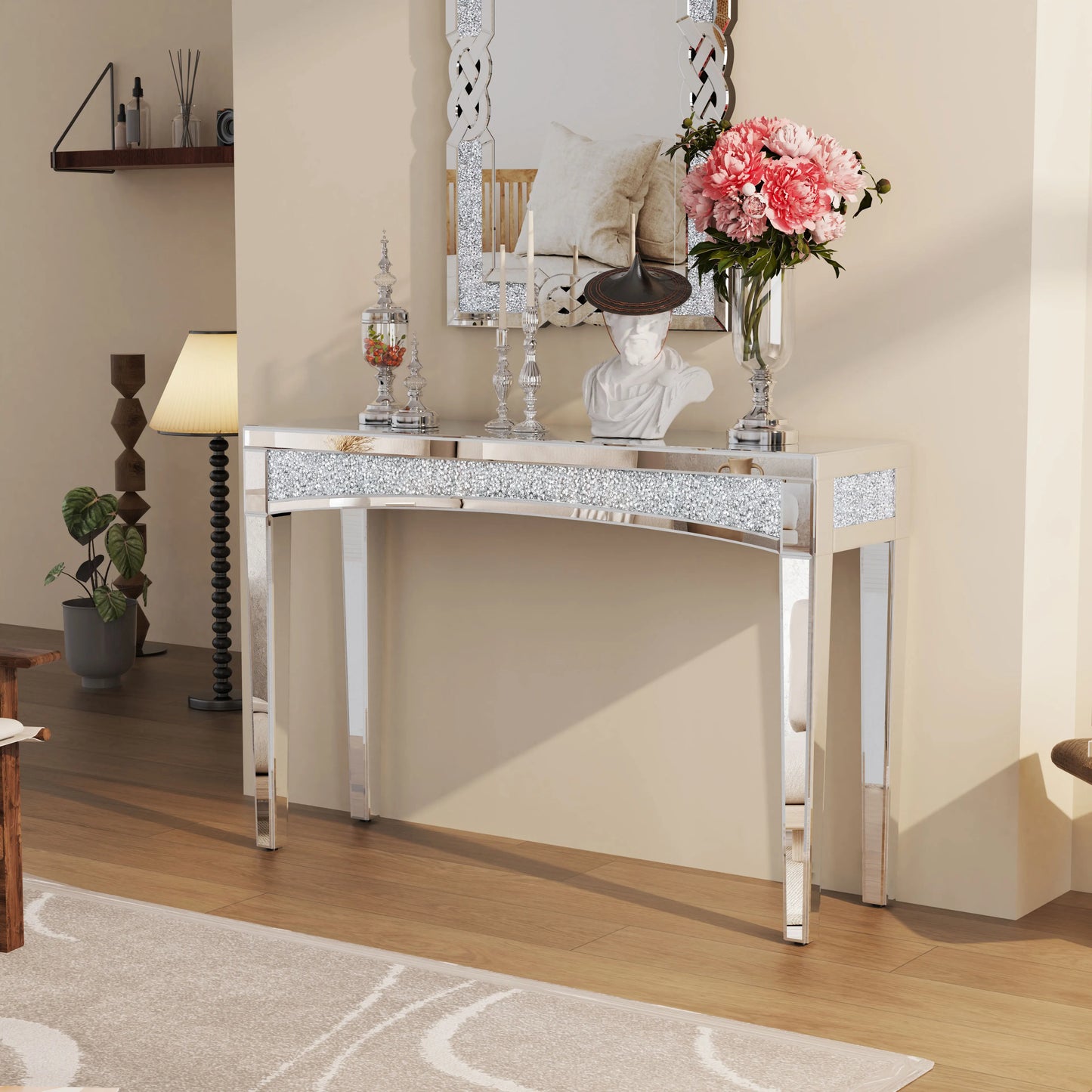 Mirrored Console Table With Crystal Inlay for Living Room