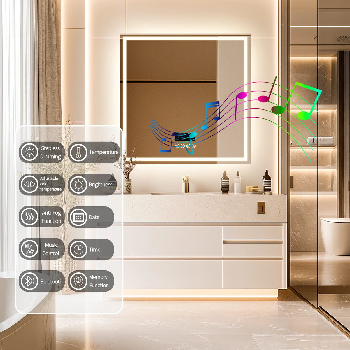 BORWART LED Bathroom Mirror With Bluetooth Clock Anti Fog Backlit Lights