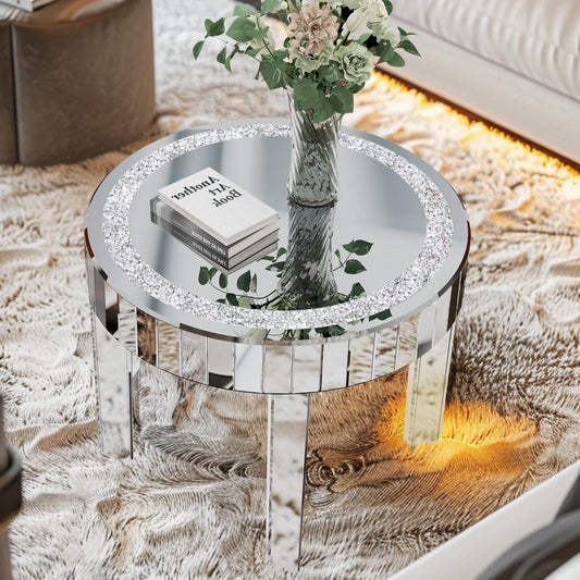 LUVODI Luxury Round Mirrored Bedside Table Diamond Inlay