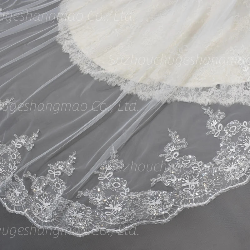 Luxury Cathedral Bridal Wedding Veil With Soft Lace Appliques Edge