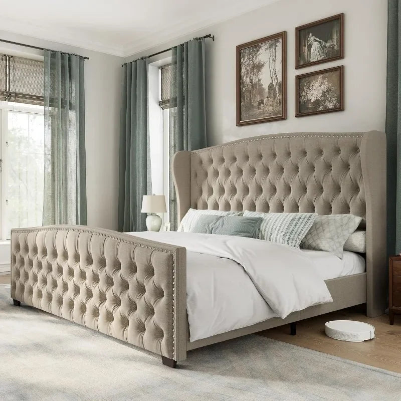 Velvet Upholstered Platform Bed Frame With Wingback Headboard