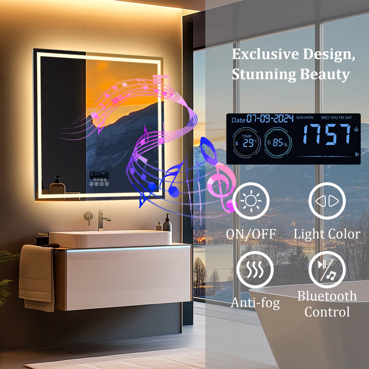 BORWART LED Bathroom Mirror With Bluetooth Clock Anti Fog Backlit Lights