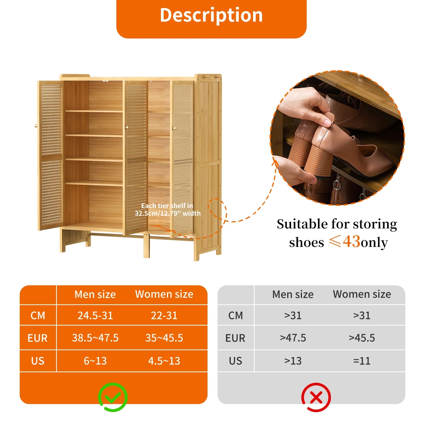 Wisfor Bamboo Shoes Rack Organizer Cabinet With Doors Six Tiers