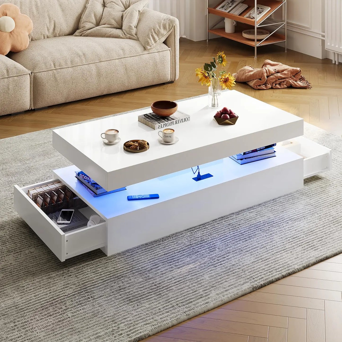 GUANGBAI High Gloss LED Coffee Table With Two Sliding Drawers