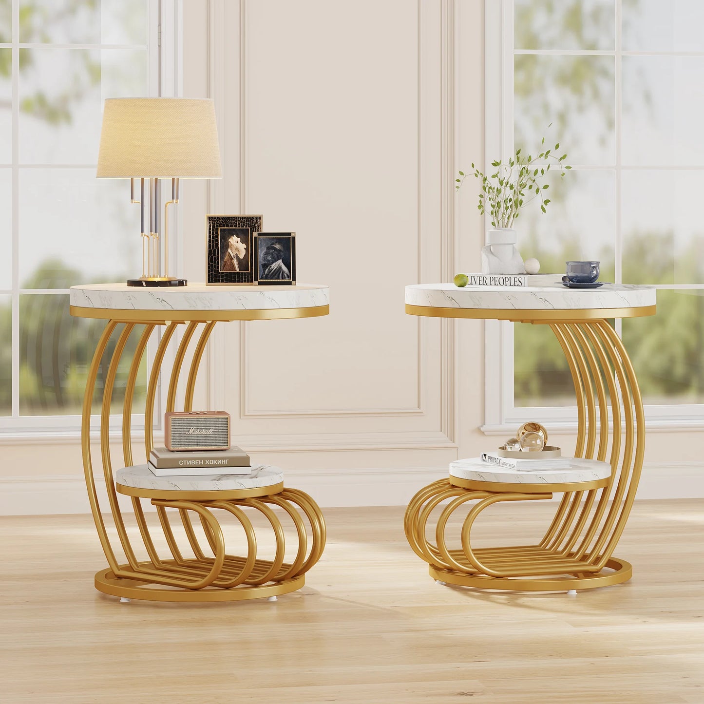 Tribesigns Round End Table With Faux Marble Two Tiers Storage