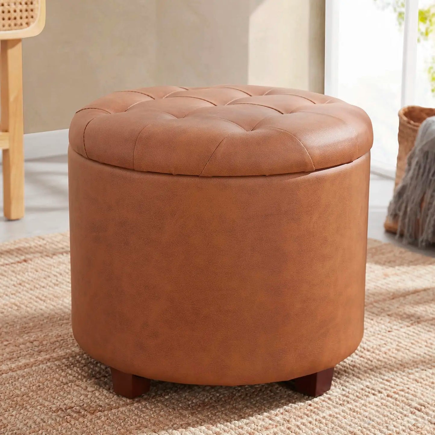 Round Velvet Tufted Storage Ottoman With Lift Off Lid