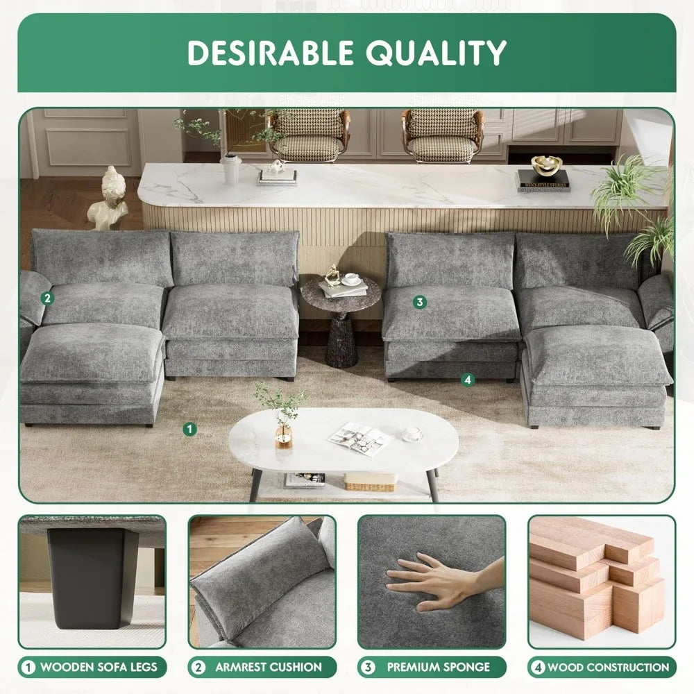 U Shaped Sectional Sofa In Chenille With Removable Ottoman Sleeper
