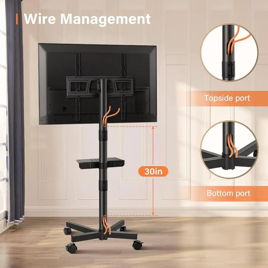 Mobile TV Cart For Flat Screen TVs With Height Adjustable Shelf