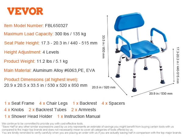 SucceBuy Swivel Shower Chair 360 Degree Adjustable With Armrests