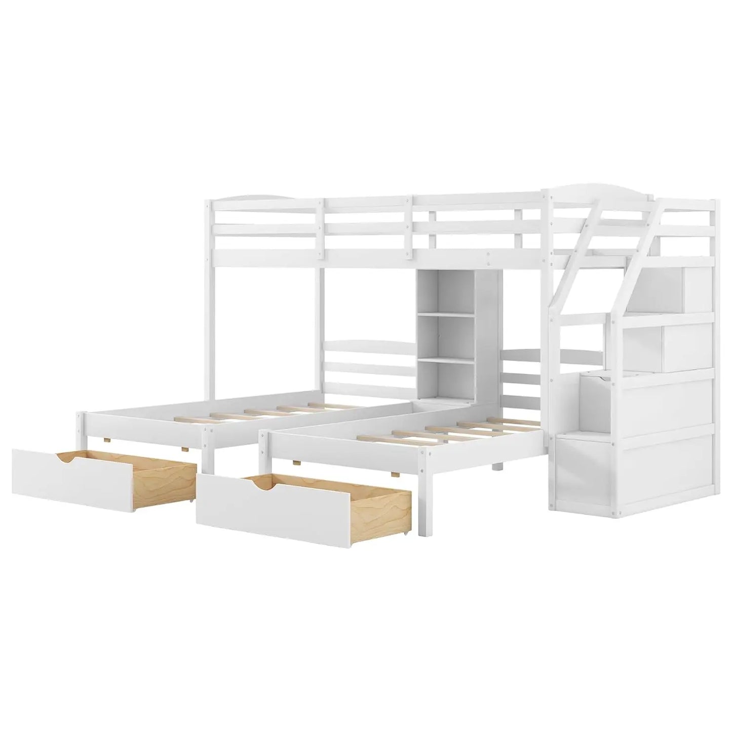 Triple Bunk Bed With Wood Frame And Storage Stairs Drawers