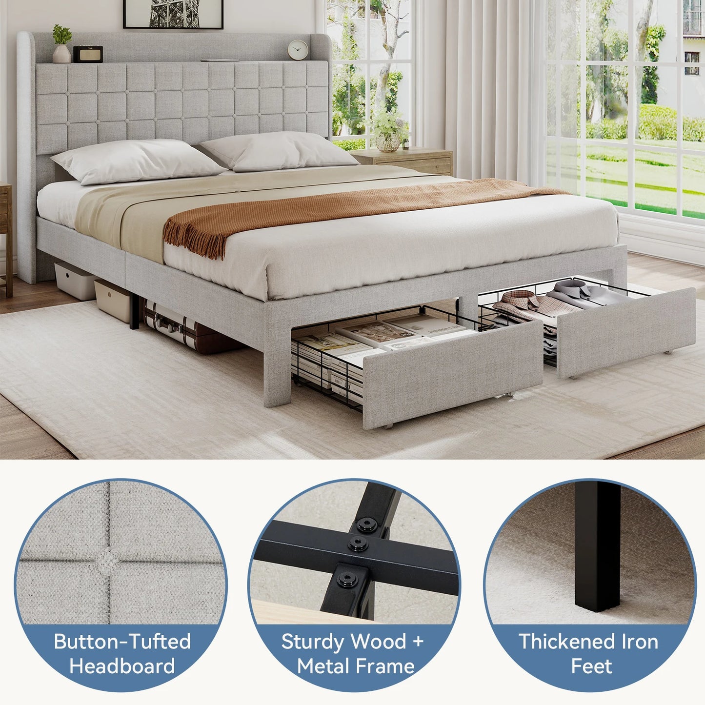 MCQ Bed Frame With Headboard And 2 Underbed Storage Drawers